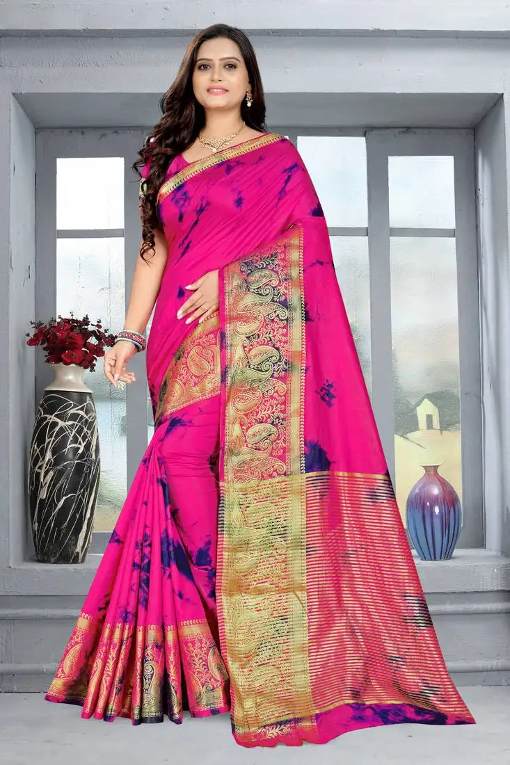 Pink printed cotton silk saree with blouse