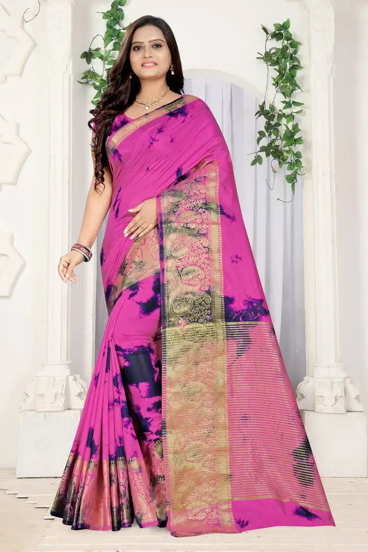 Light pink printed cotton silk saree with blouse