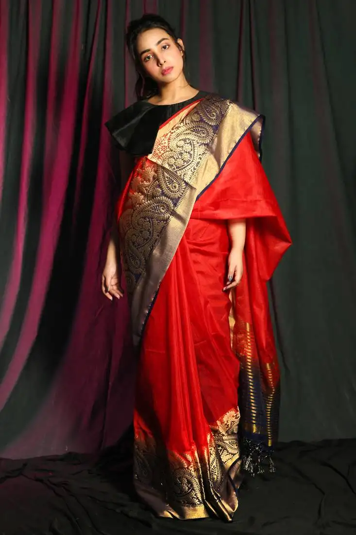 Scarlet red woven silk saree with blouse