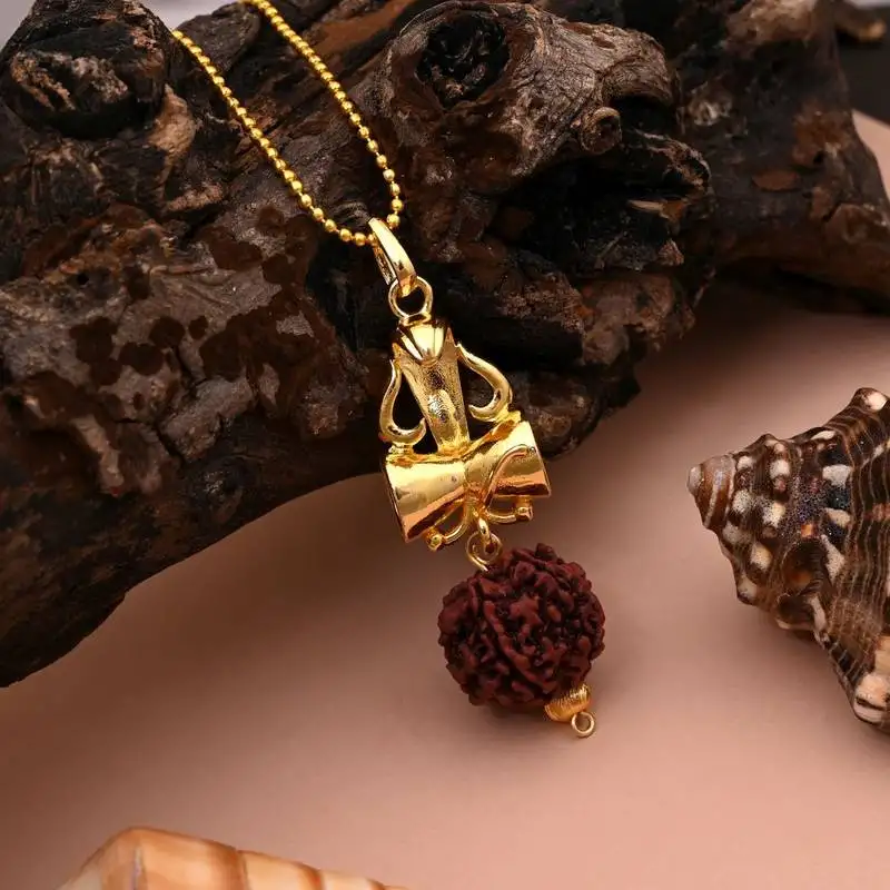 Gold color lord shiva damru rudraksha mala chain necklace