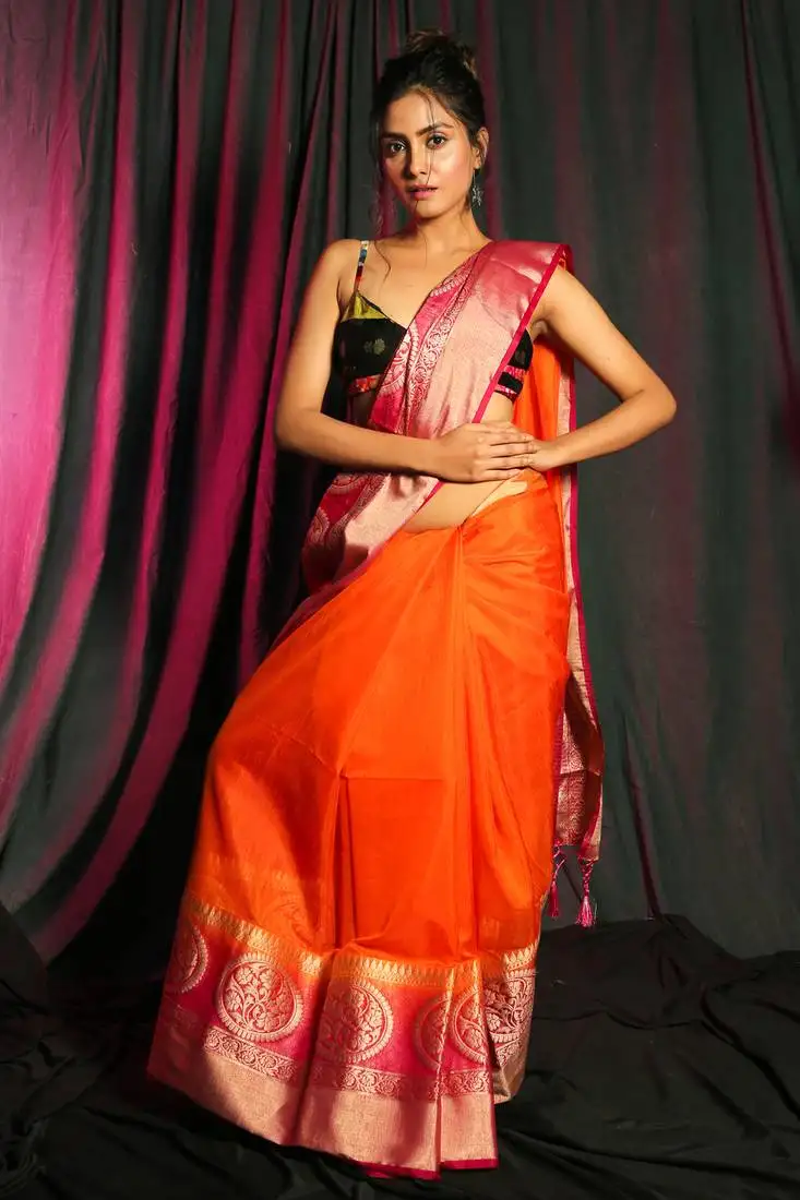 Orange woven silk saree with blouse