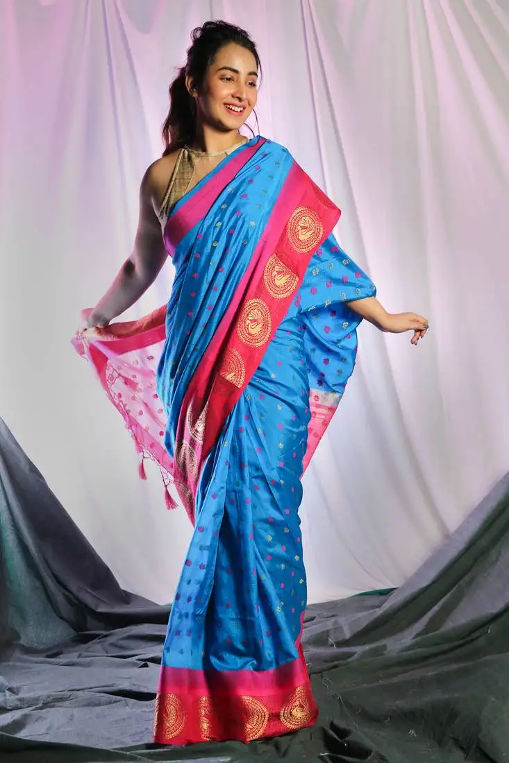 Sky blue woven dupion silk saree with blouse