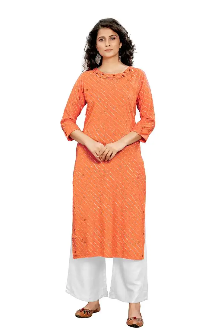 Orange printed rayon ethnic-kurtis
