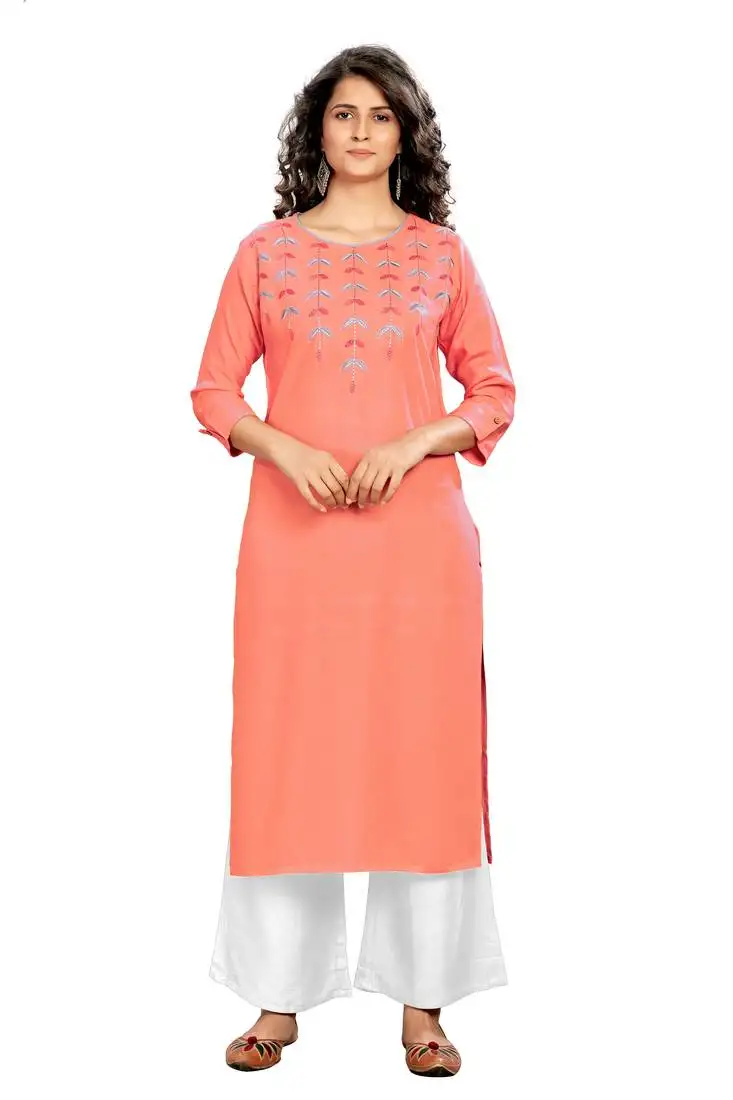 Peach embroidered rayon embroidered-kurtis
