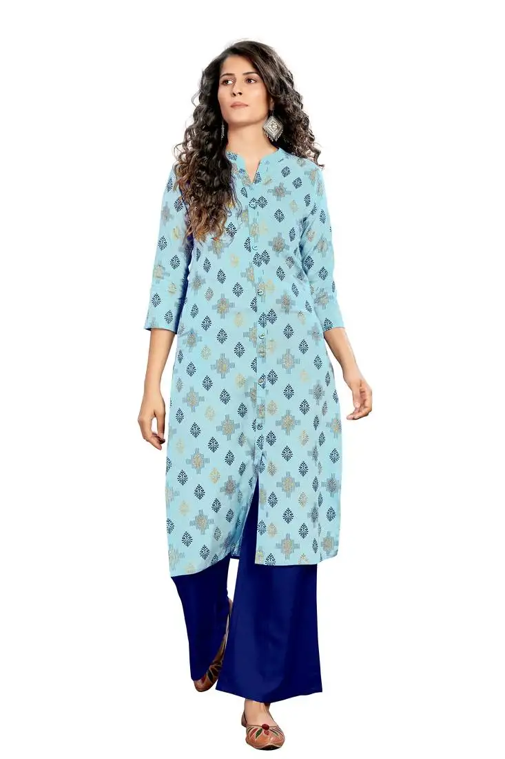 Light-blue printed rayon kurtas-and-kurtis