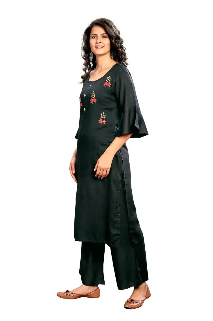 Dark-grey embroidered rayon kurtas-and-kurtis
