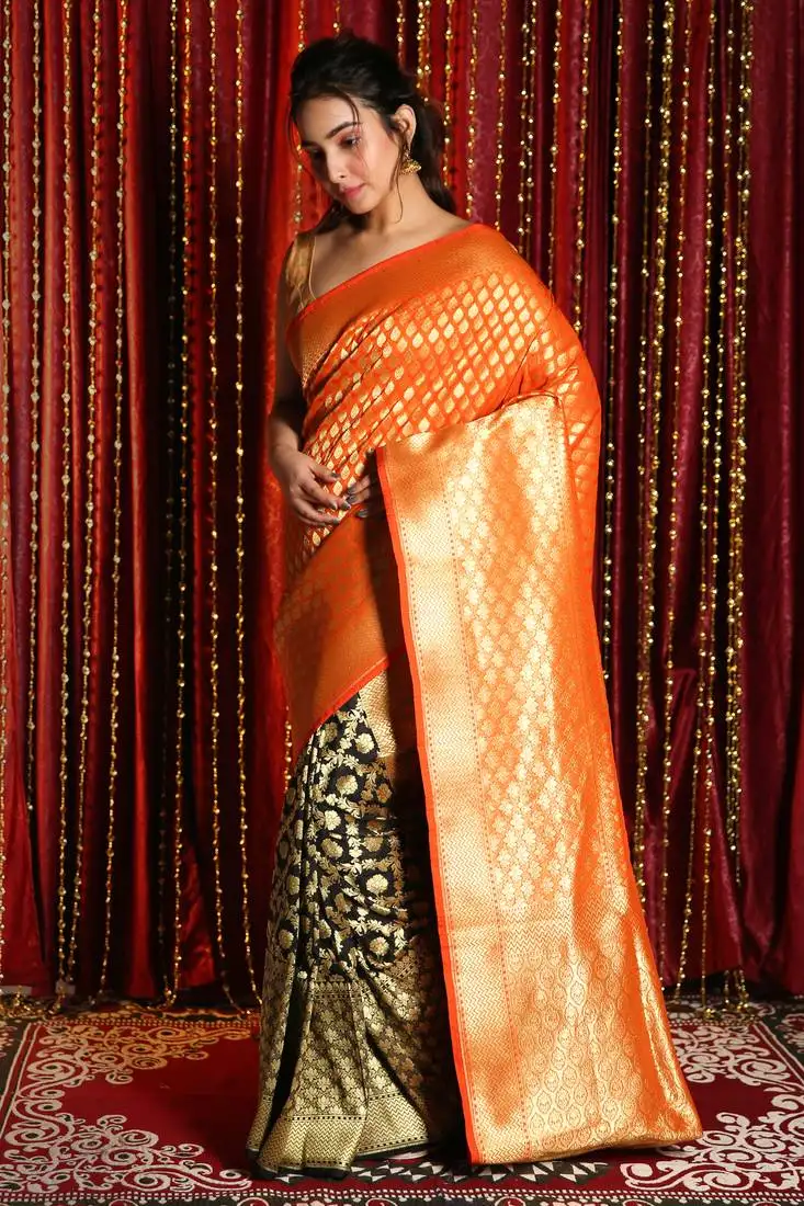Orange hand woven banarasi saree with blouse
