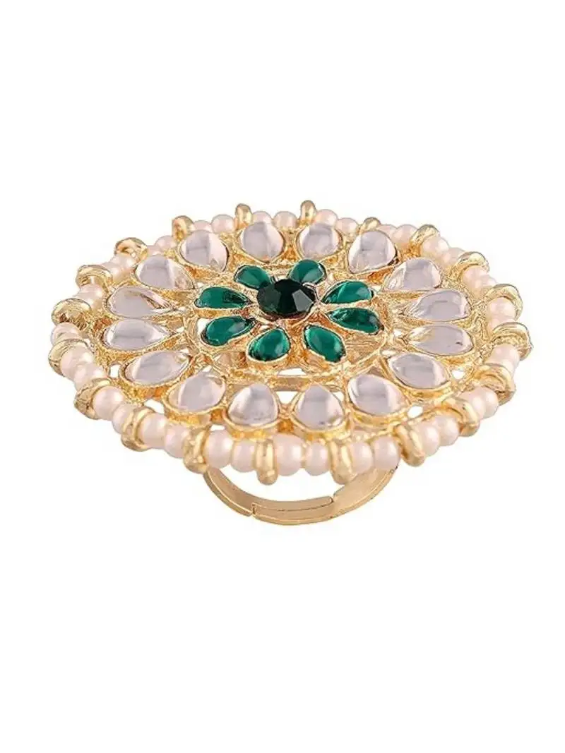 18k gold plated traditional kundan & pearl studded adjustable finger ring for women