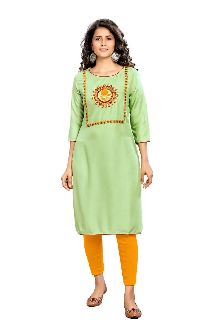 Lime embroidered rayon embroidered-kurtis