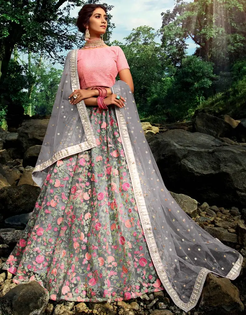 Pleasant grey sequins zari and thread embroidery net semi stitched wedding lehenga