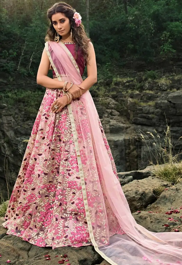 Lovable light pink and wine thread and zari embroidered net semi stitched lehenga choli for bride