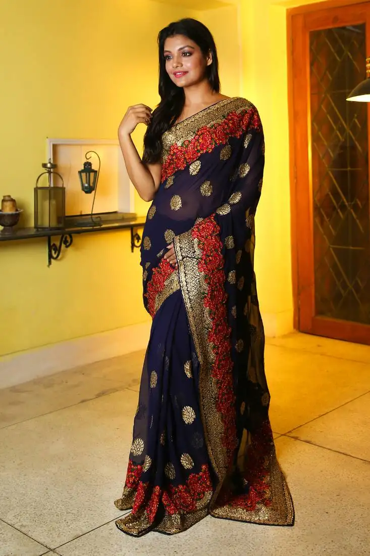 Navy blue woven chiffon saree with blouse