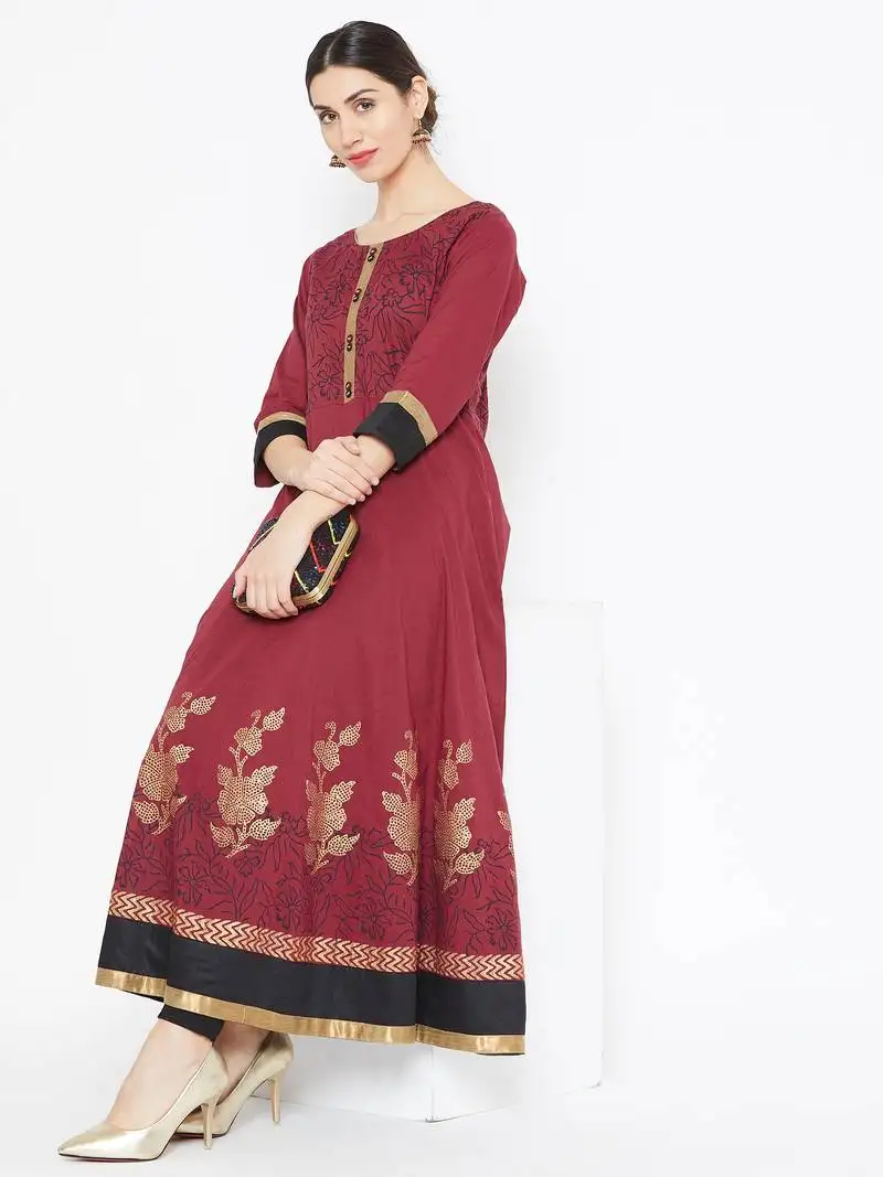 Maroon printed cotton kurtas-and-kurtis
