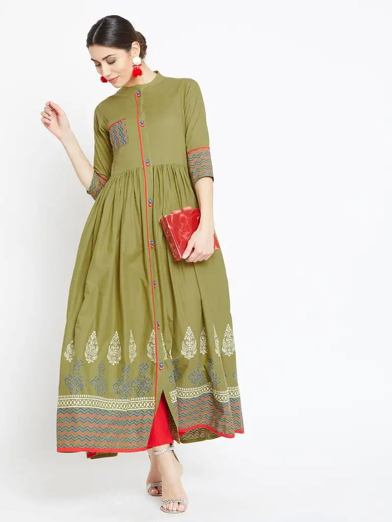 Green printed cotton kurtas-and-kurtis