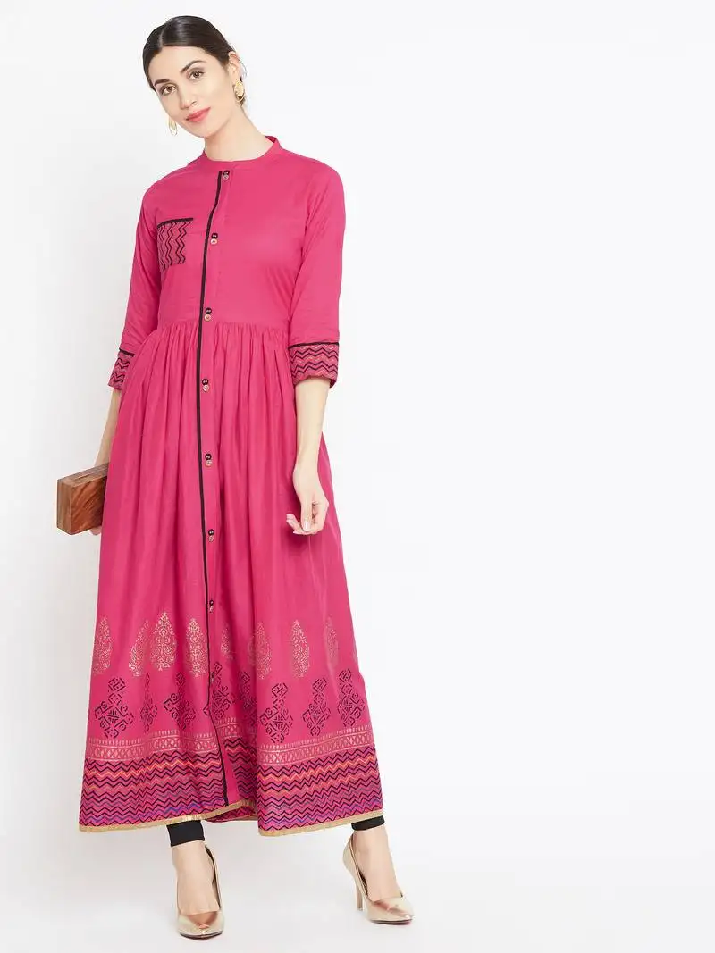Pink printed cotton kurtas-and-kurtis