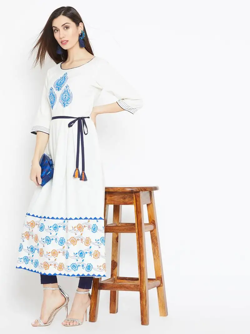 Off white printed cotton kurtas-and-kurtis