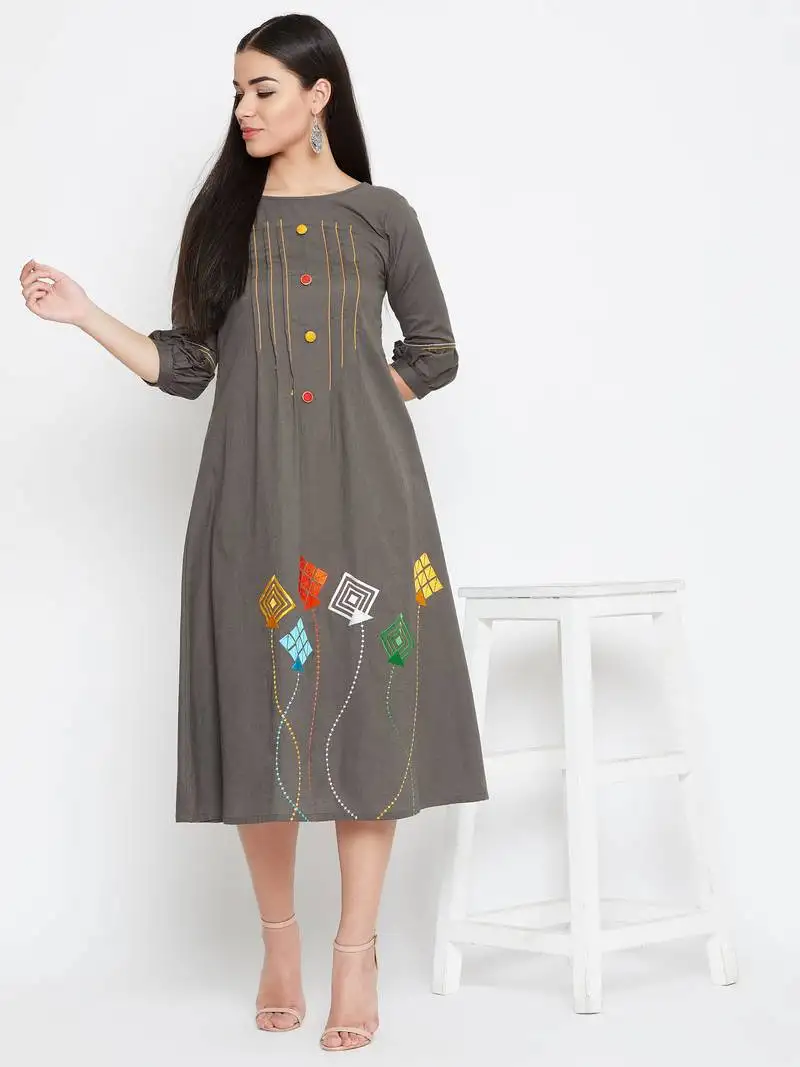Grey embroidered cotton kurtas-and-kurtis