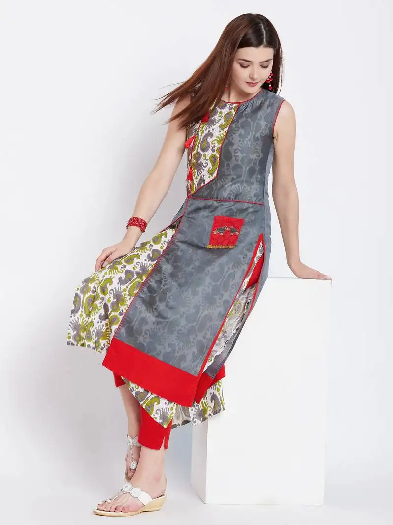 Grey printed cotton kurtas-and-kurtis