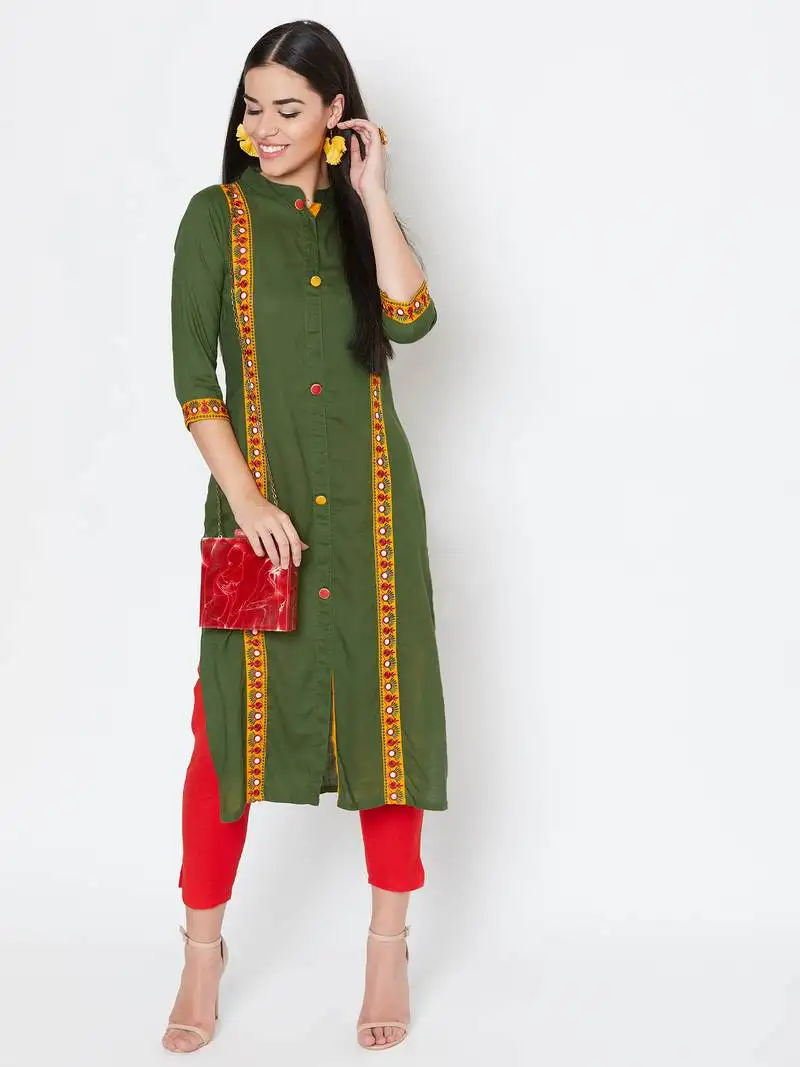 Green embroidered rayon kurtas-and-kurtis