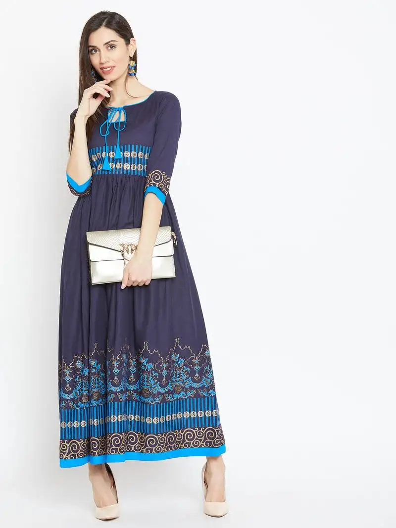 Navy blue printed cotton kurtas-and-kurtis