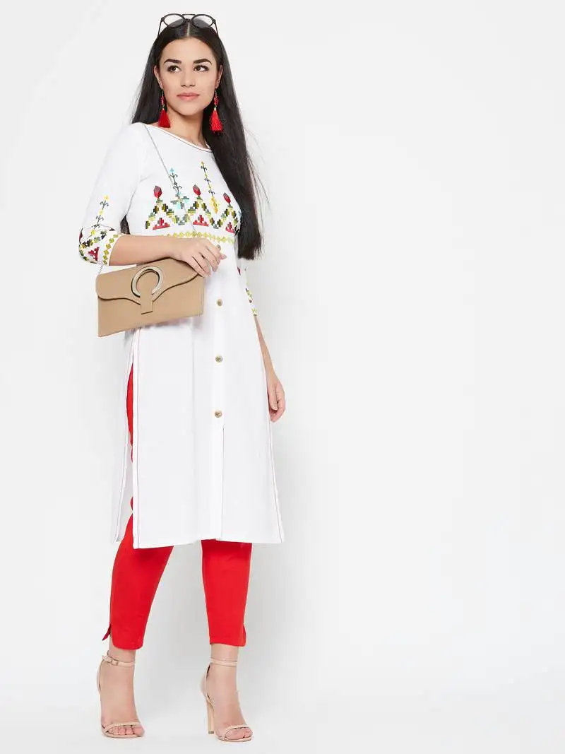 White embroidered cotton kurtas-and-kurtis