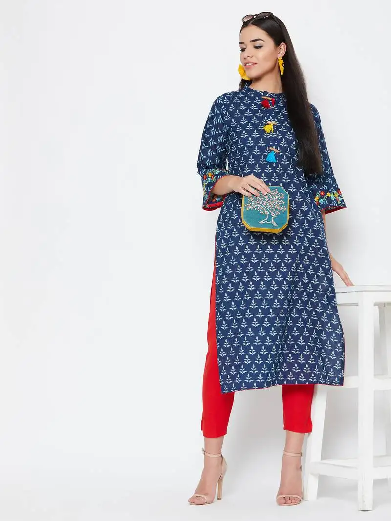 Blue embroidered cotton kurtas-and-kurtis