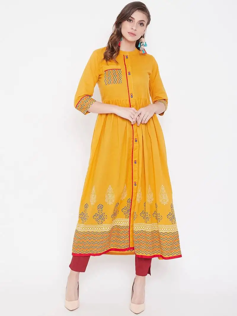 Yellow printed cotton kurtas-and-kurtis
