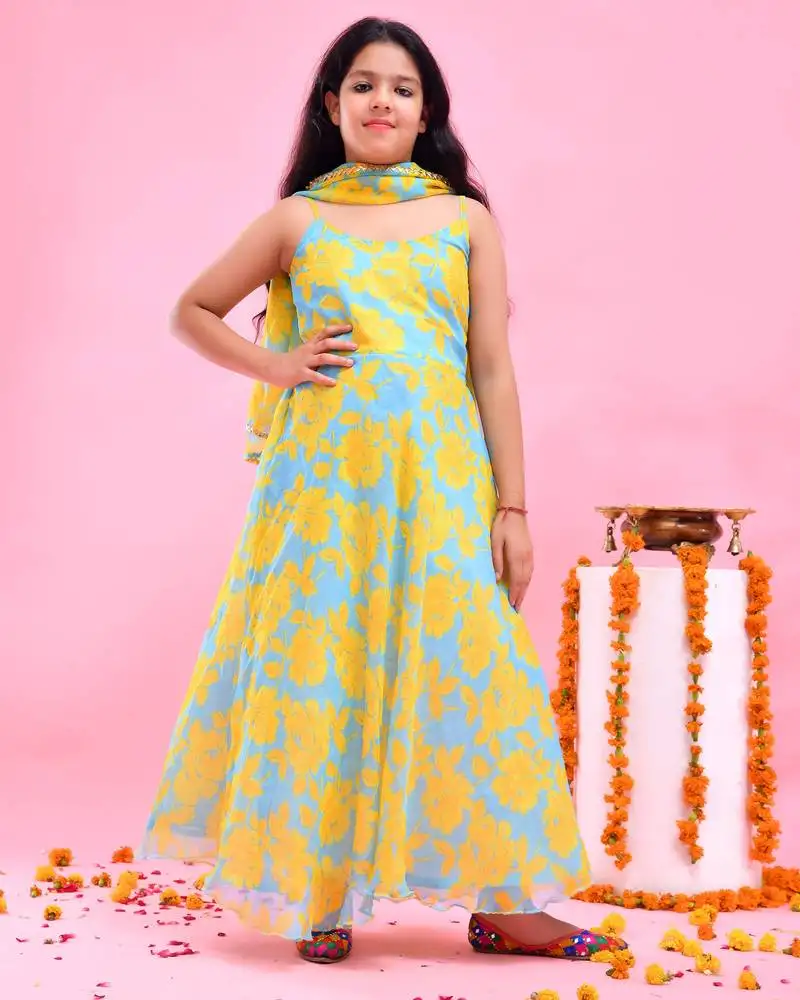 Yellow printed chiffon anarkali