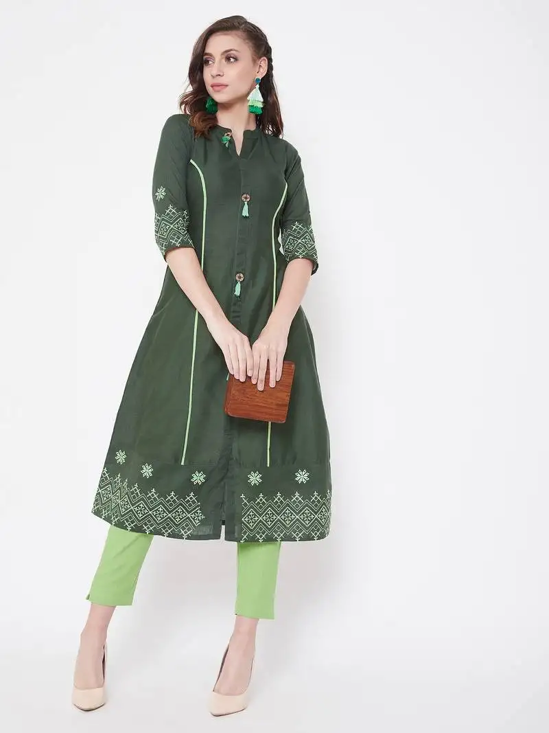 Dark green embroidered cotton kurtas-and-kurtis