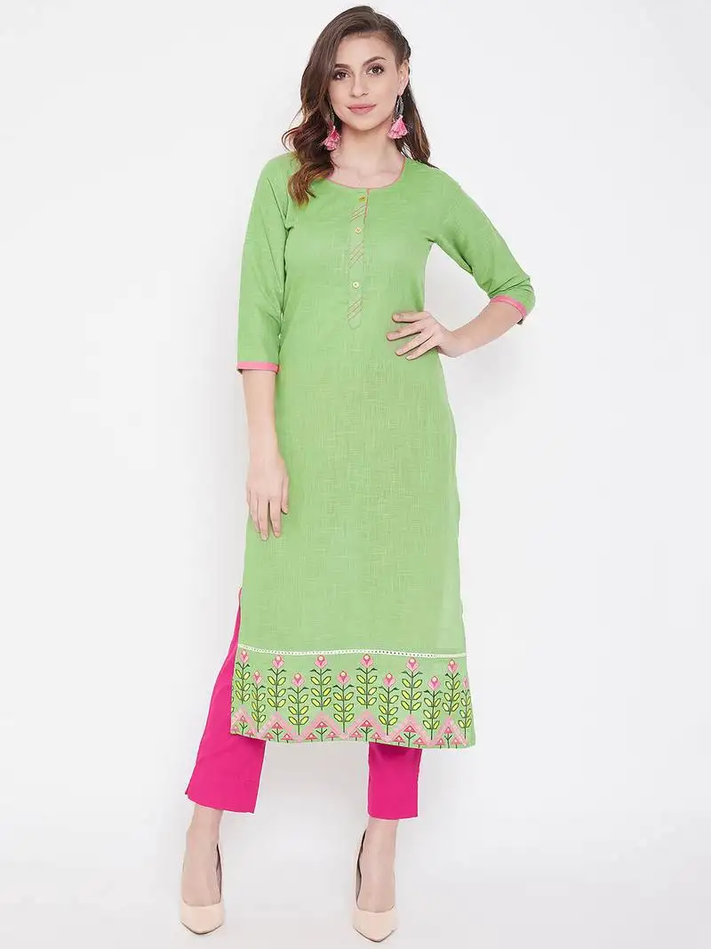 Green embroidered cotton kurtas-and-kurtis