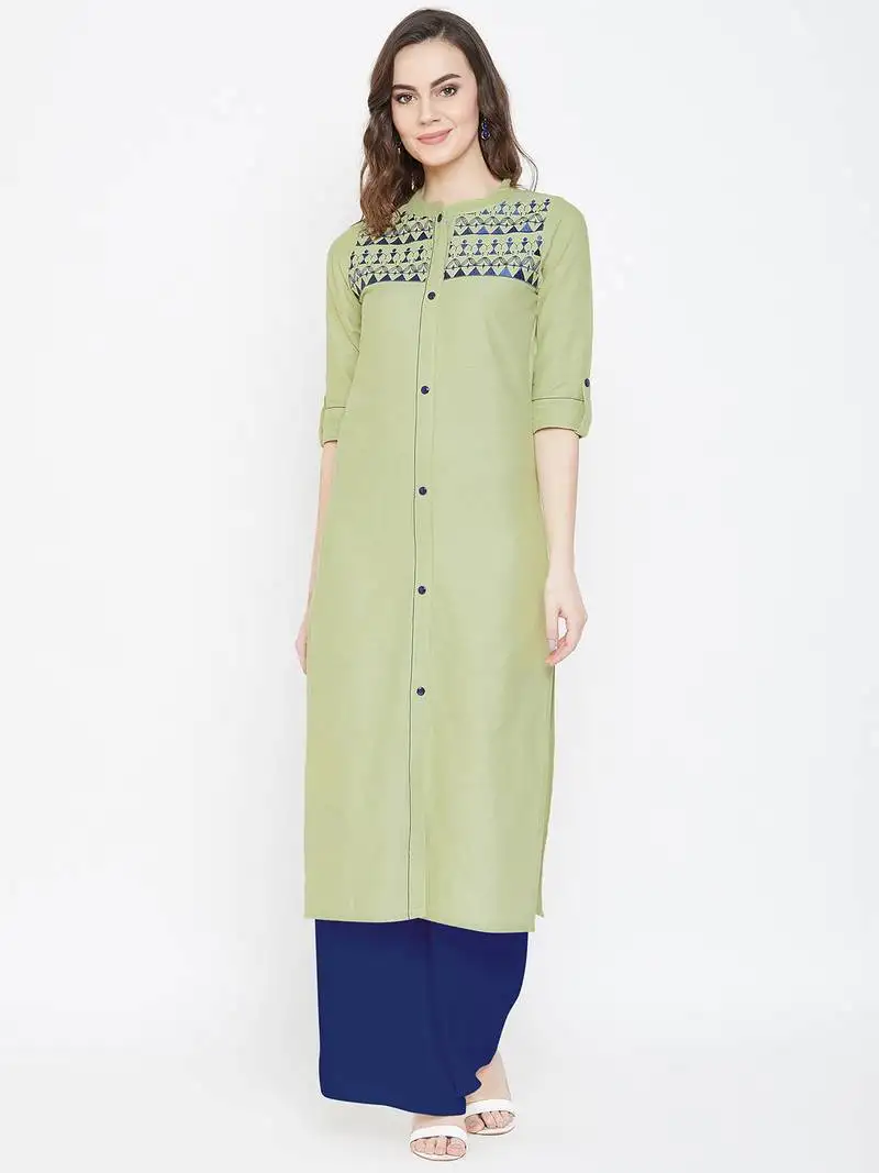 Light green embroidered cotton kurtas-and-kurtis