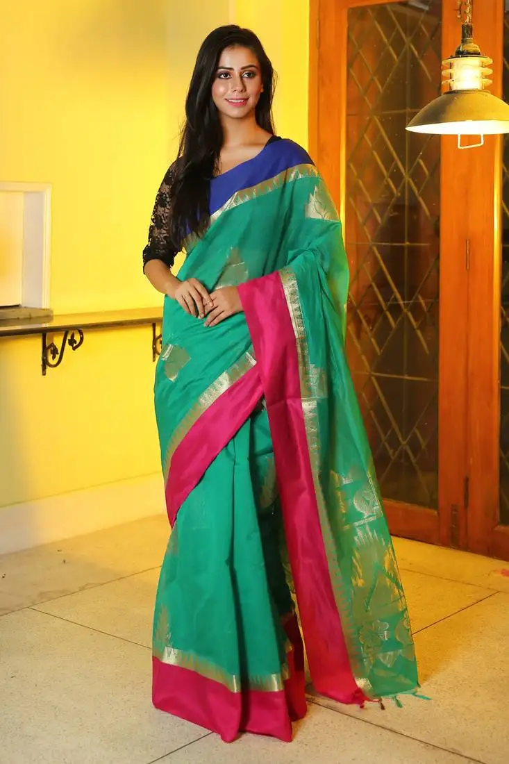 Sea green woven chanderi silk saree with blouse