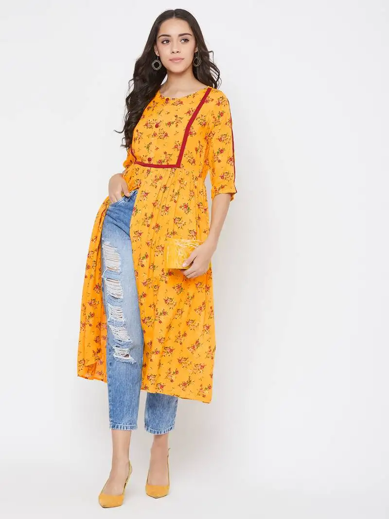 Yellow printed rayon kurtas-and-kurtis