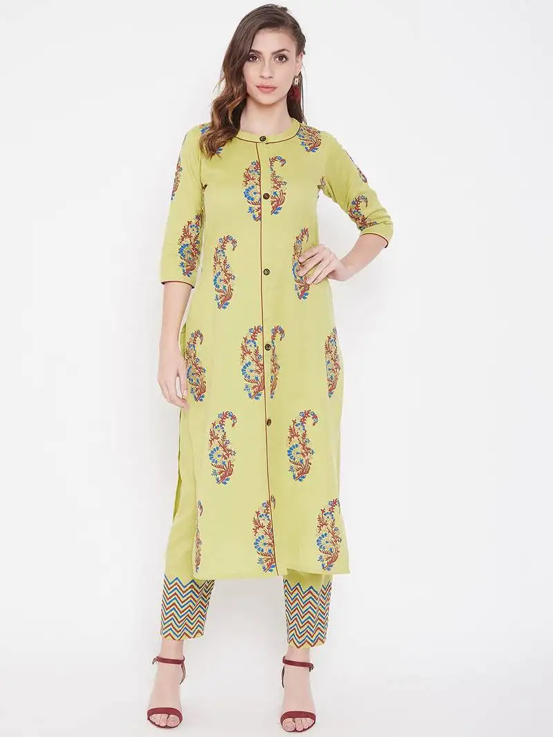 Light yellow printed cotton kurtas-and-kurtis