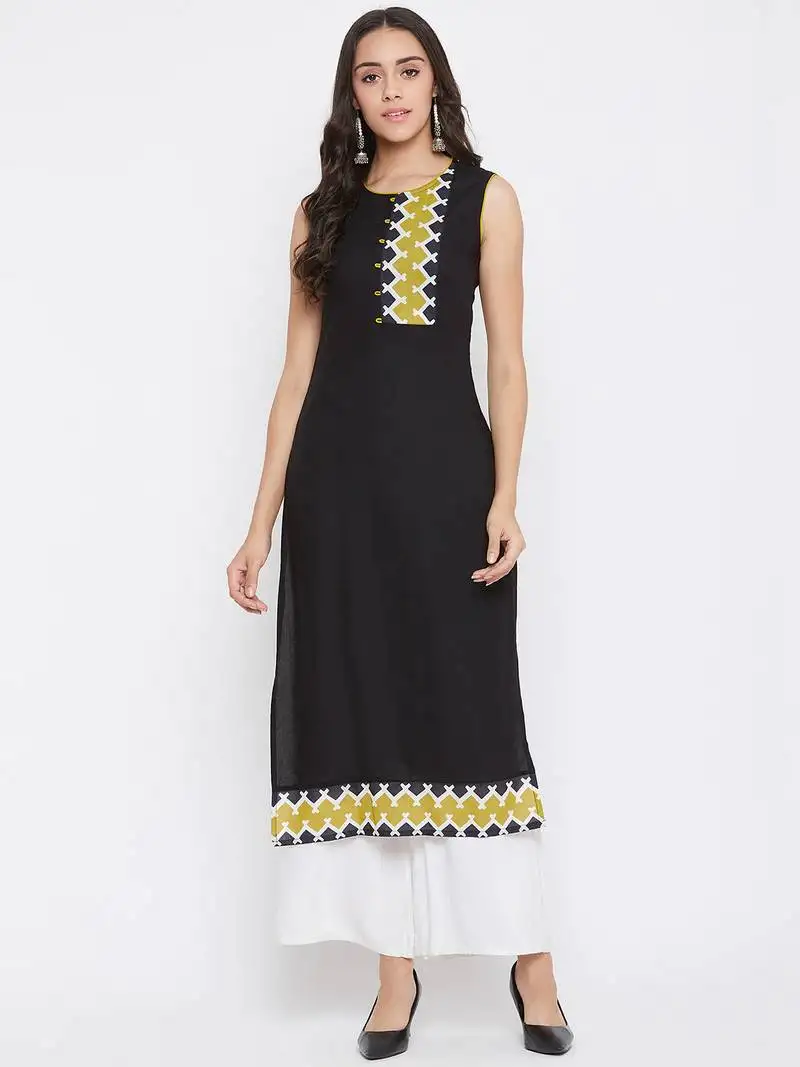 Black solid rayon kurtas-and-kurtis