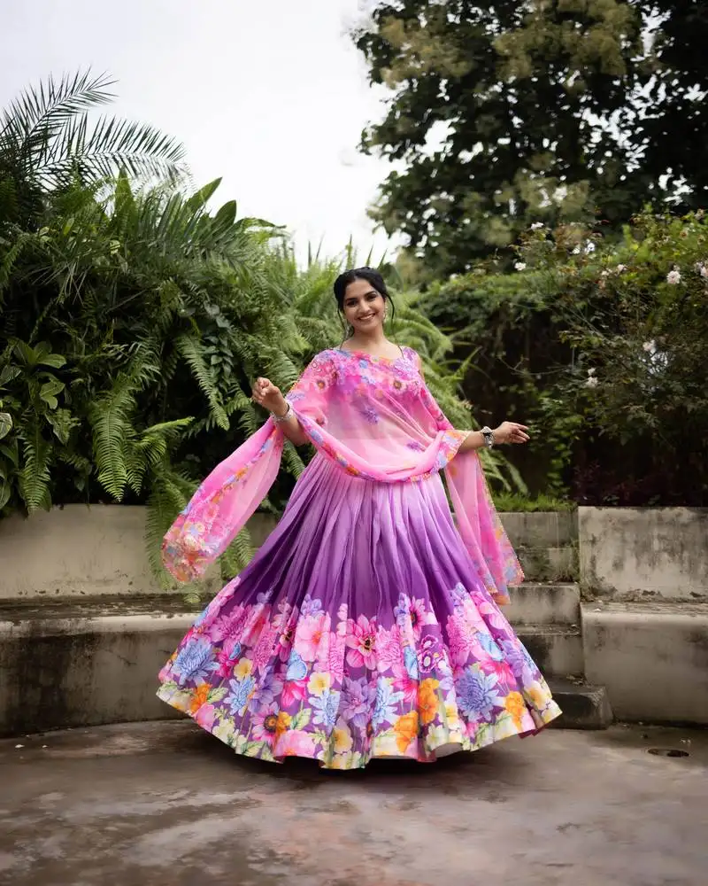 Purple floral printed chinon lehenga with un-stitched blouse