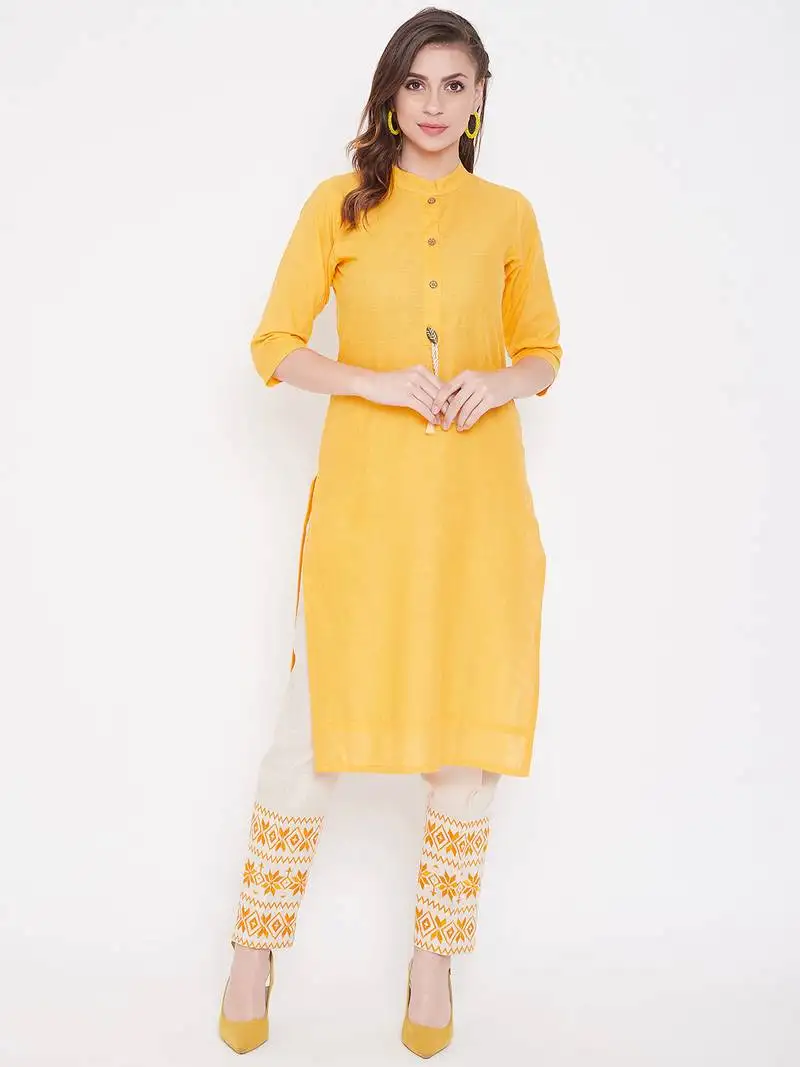 Yellow embroidered cotton kurtas-and-kurtis