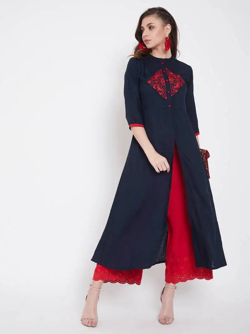 Navy blue embroidered rayon kurtas-and-kurtis