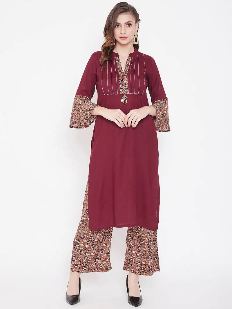 Maroon printed rayon kurtas-and-kurtis