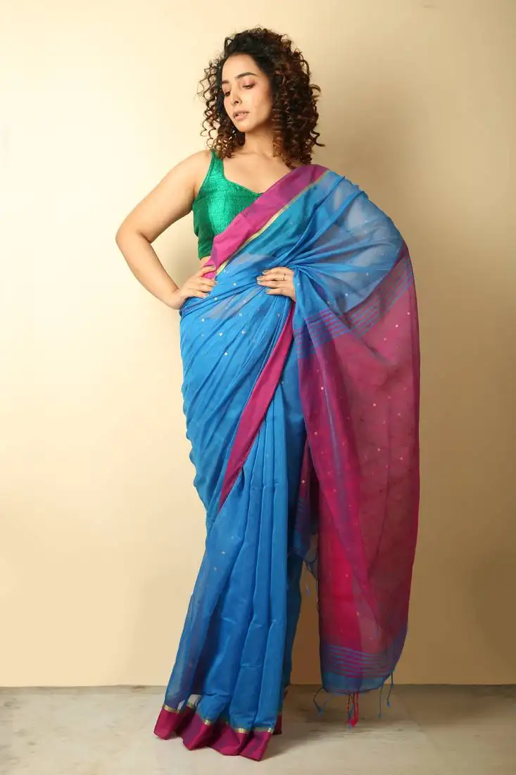 Cobalt blue woven blended cotton saree with blouse