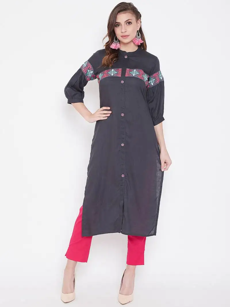 Grey embroidered rayon kurtas-and-kurtis