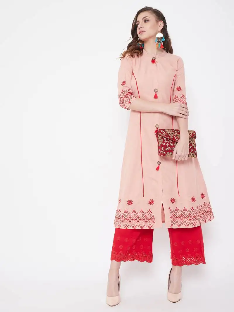 Peach embroidered cotton kurtas-and-kurtis