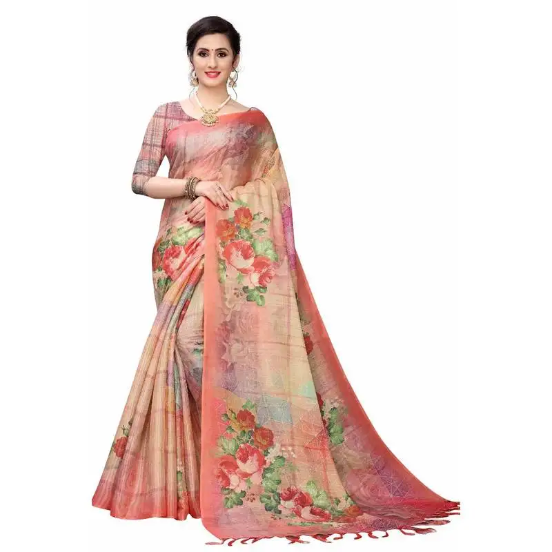 Red printed cotton poly saree with blouse