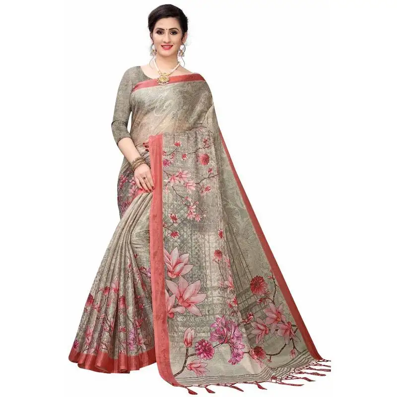 Charcoal printed cotton poly saree with blouse