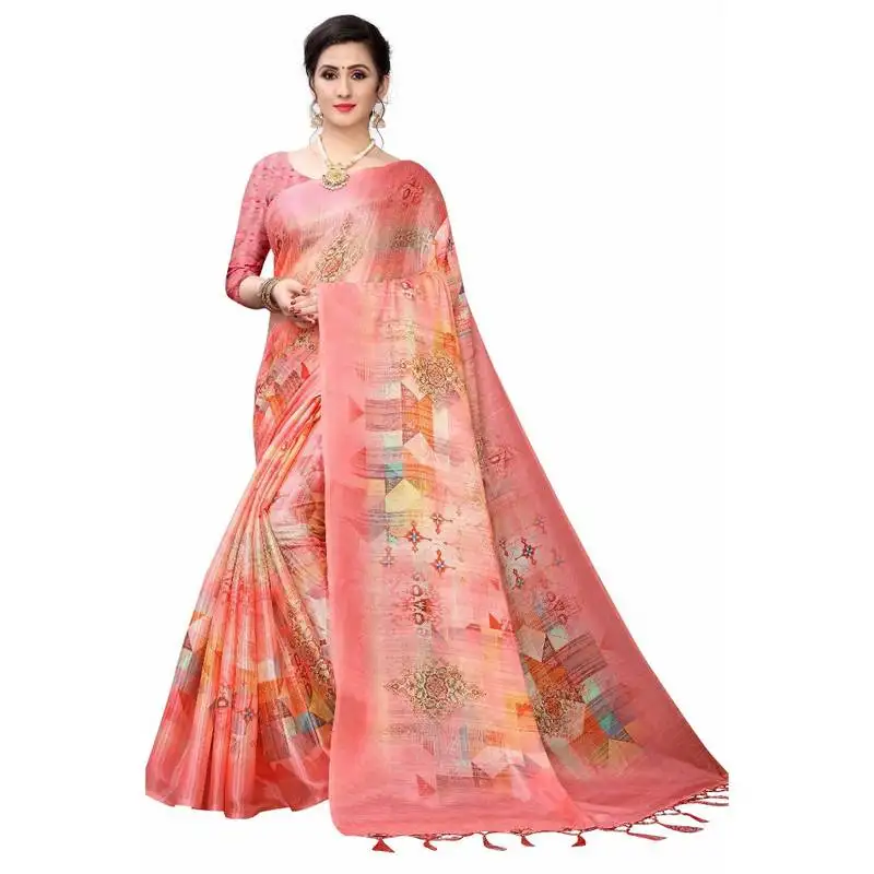Pink printed cotton poly saree with blouse