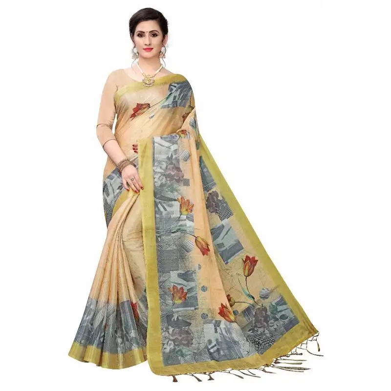Cream printed cotton poly saree with blouse