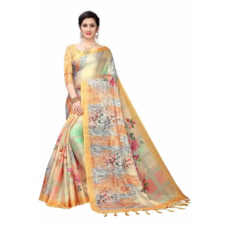 Light orange printed cotton poly saree with blouse