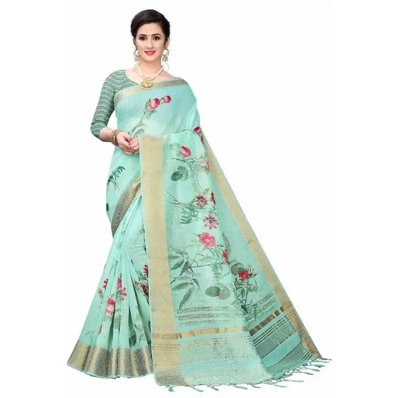Sea green printed cotton poly saree with blouse