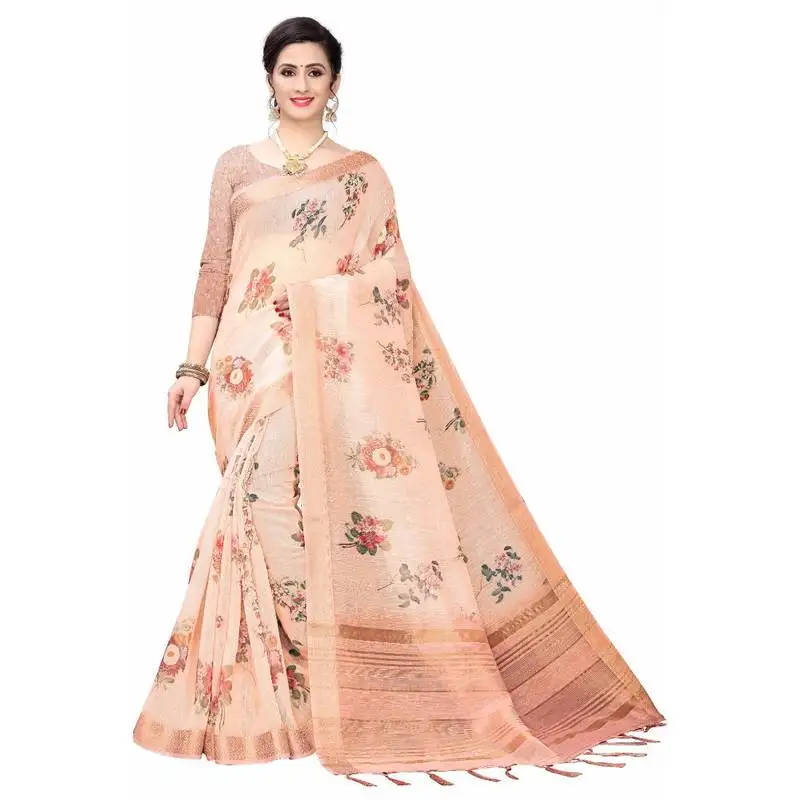 Peach printed cotton poly saree with blouse