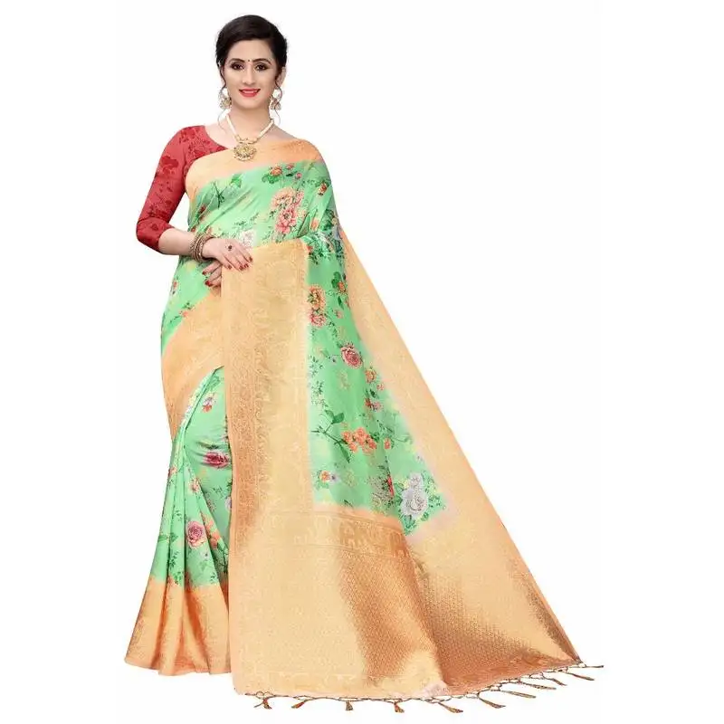 Light green printed cotton poly saree with blouse